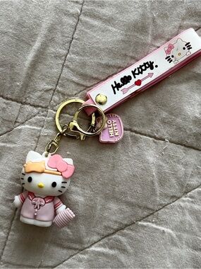 Hello Kitty Pink & White Charm Keyring Wristlet with Gold Hardware